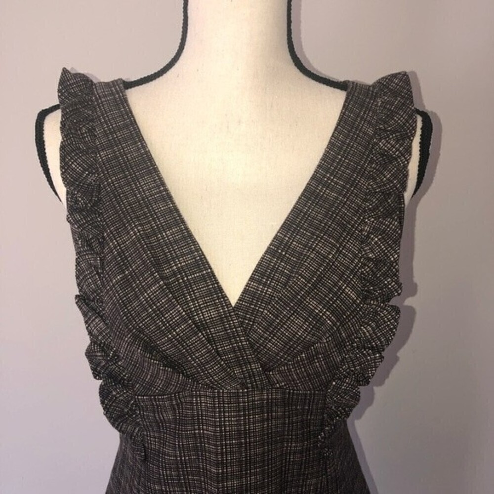 Cynthia Steffe Brown Deep V Ruffle Dress Size 6 Leather Trim Zipper Sleeveless - Picture 2 of 8